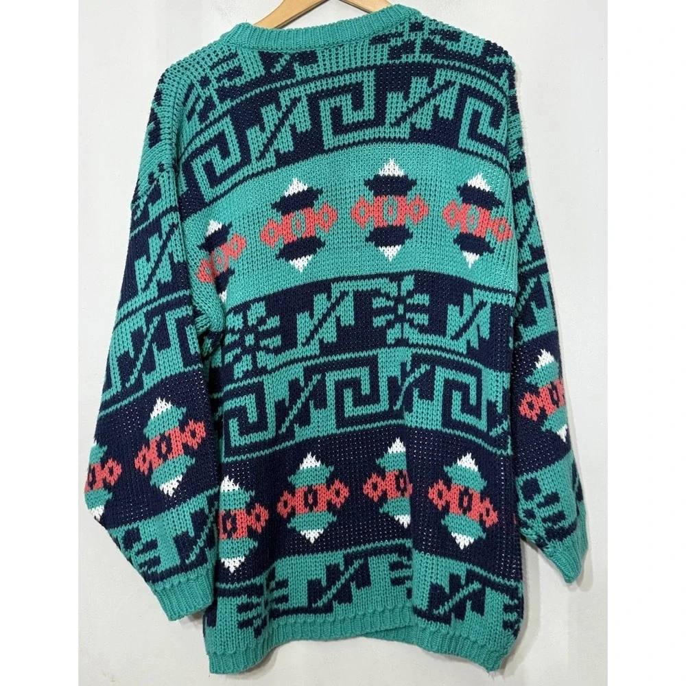 Vintage 90s Paris Sport Club Baggy Geometric Multicolor Knit Sweater Large Knit‎ - Picture 2 of 5